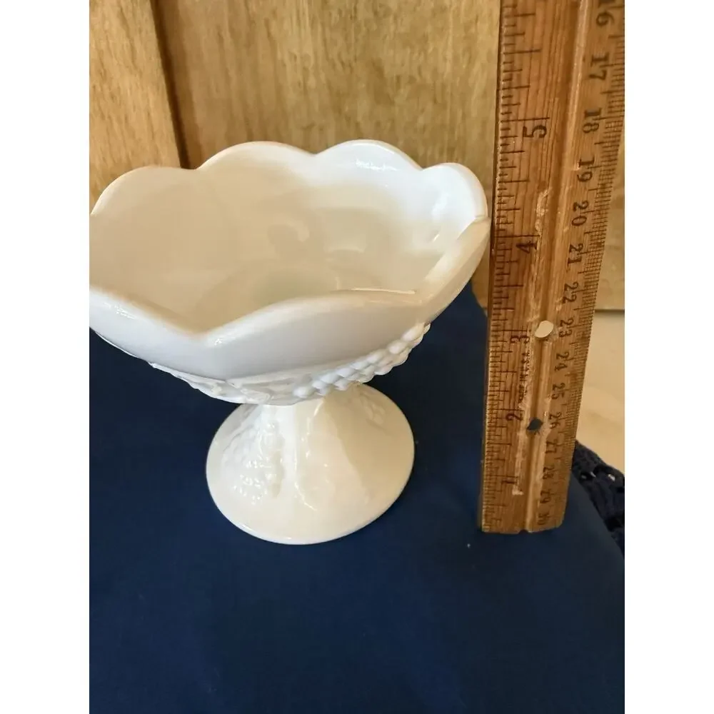 Vintage Candlestick Holder White Milk Glass with Grapes and Leaves Bowl